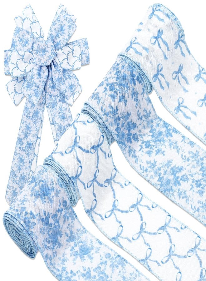 وولاين شريط زينة أزرق من Whaline، مزين بفيونكة وزهور، بحافة سلكية، طوله 24 ياردة وعرضه 2.5 بوصة، بنمط صيني مزخرف بالزهور، مثالي لتزيين أكاليل الزهور، والأعمال اليدوية، وحفلات الزفاف، وحفلات توديع العزوبية، وتغليف الهدايا. - Image 1